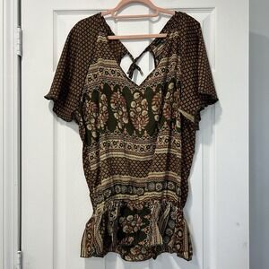 Karma Highway Women's One Size Short Sleeve Open Back Blouse‎ Top Brown NWOT